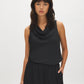 Black Crinkle Satin Draped Halter Top - Woman Wearing Fitted Halter Neck Top - Suzy Shier