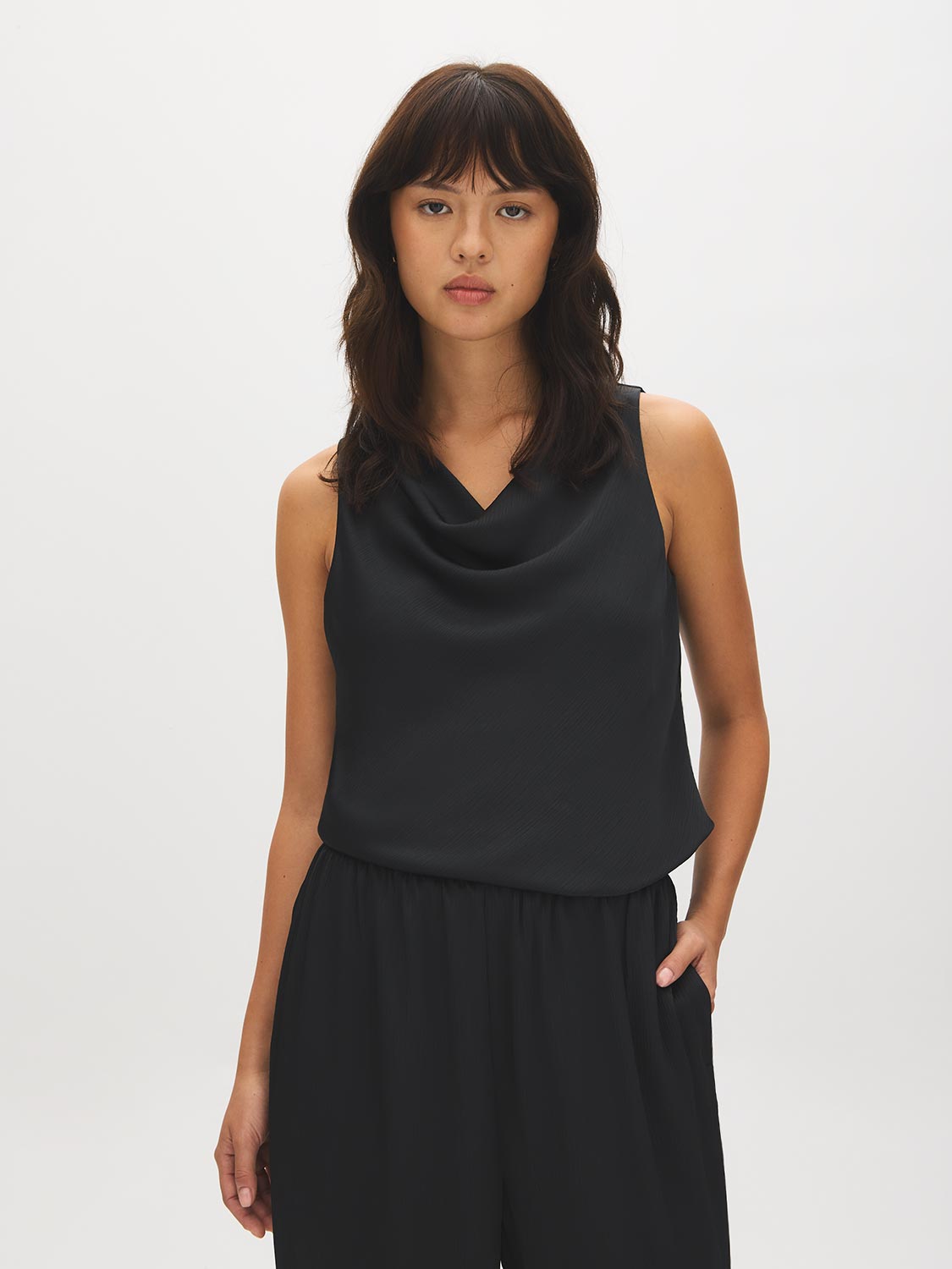 Black Crinkle Satin Draped Halter Top - Woman Wearing Fitted Halter Neck Top - Suzy Shier