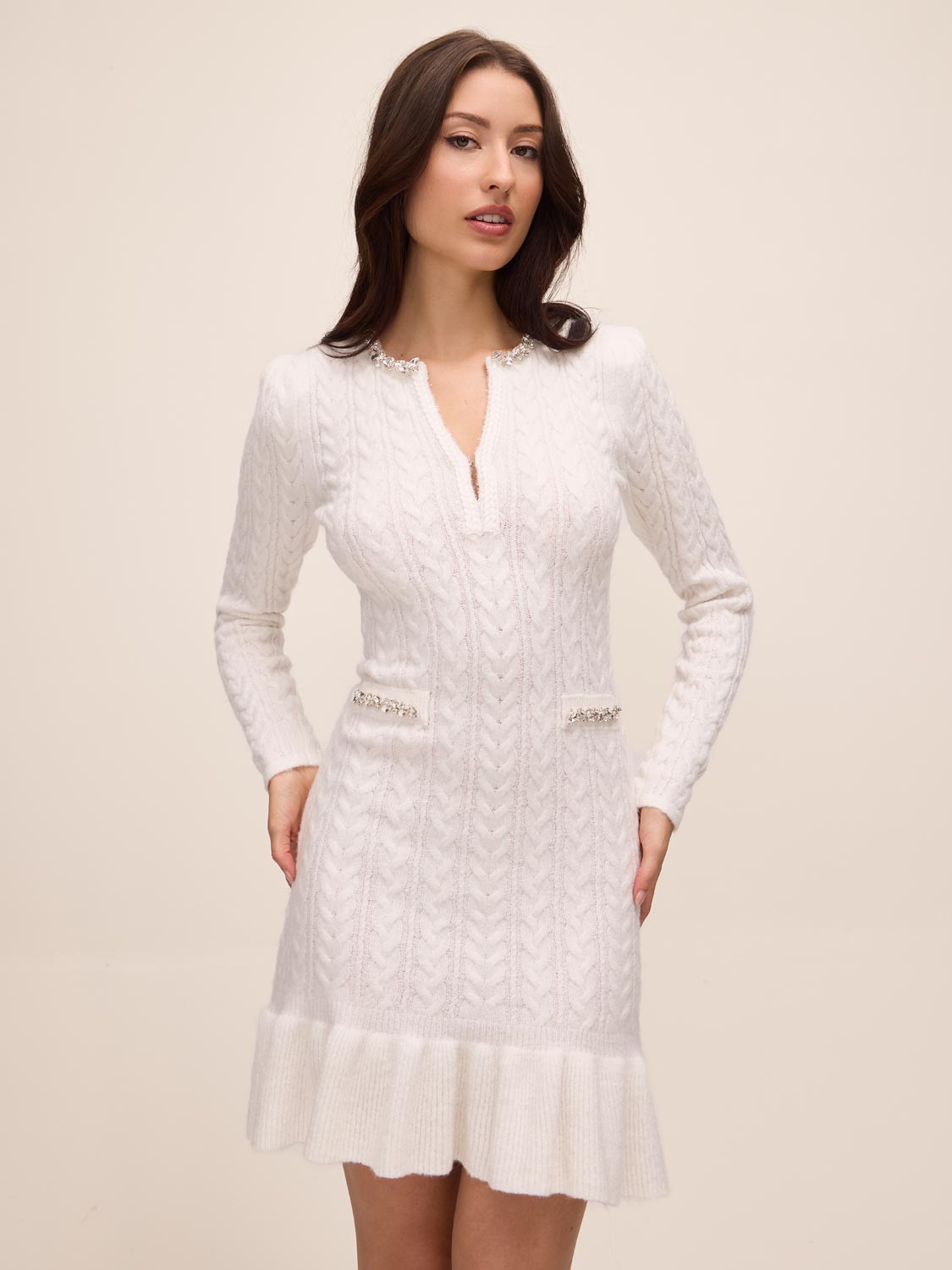 Antique Cream Cable Knit Sweater Mini Dress - Front Close-up View - Le Chateau