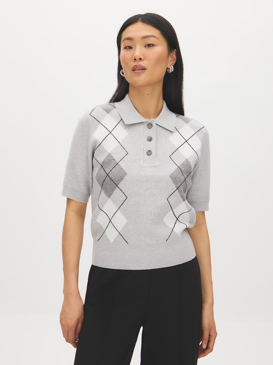 Mix Grey Argyle Jacquard Polo Sweater - Woman Wearing Short Sleeve Knit Top - Suzy Shier