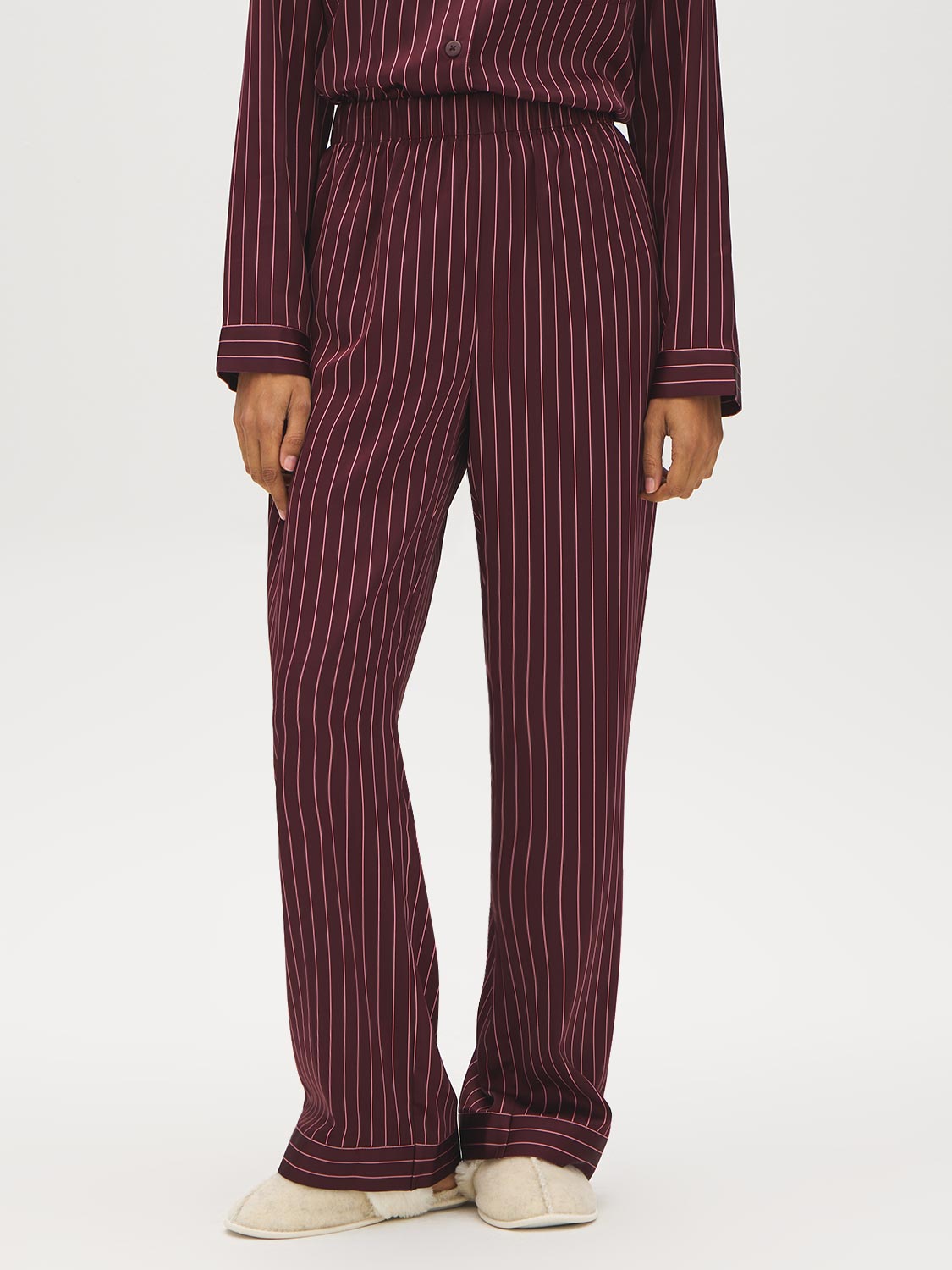 Burgundy Striped Satin Pajama Set - Pants Detail - Suzy Shier