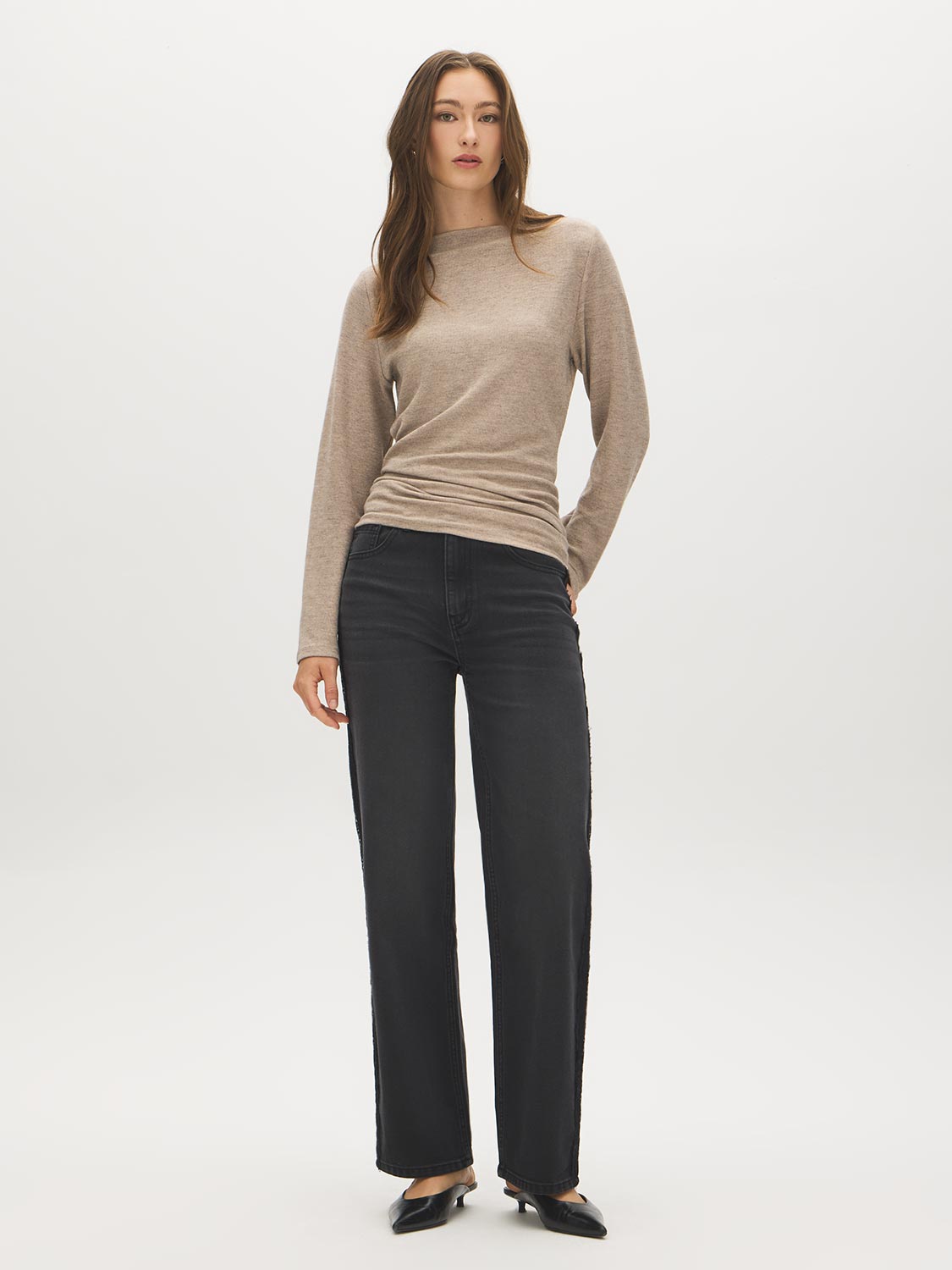 Beige Melange Sweater Knit Boat Neck Tunic - Front View - Suzy Shier