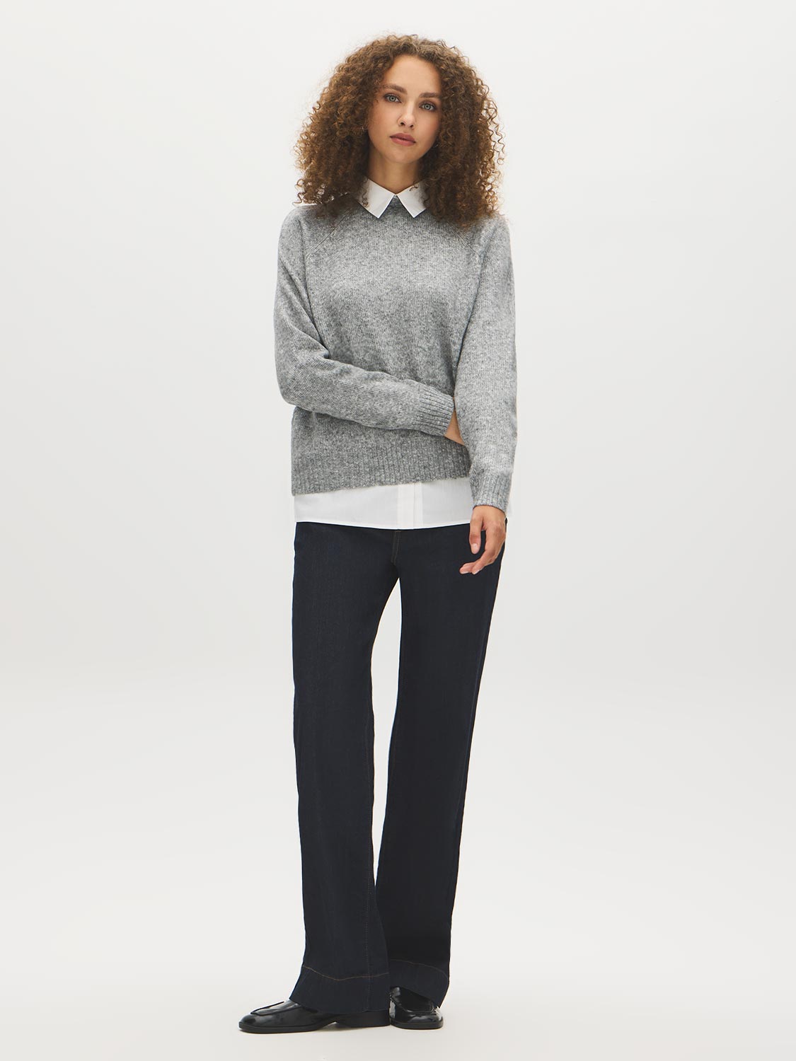 Grey Mix Twofer Knit Sweater with Poplin Collar - Front View - Suzy Shier
