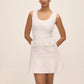 Antique Cream Boucle Metallic Mini Dress - Front View with Hands Behind - Le Chateau
