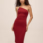 Red One-Shoulder Midi Dress with Rhinestone Trim - Front View - Le Chateau