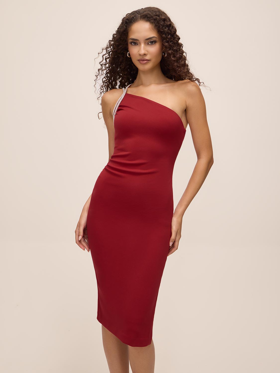 Red One-Shoulder Midi Dress with Rhinestone Trim - Front View - Le Chateau