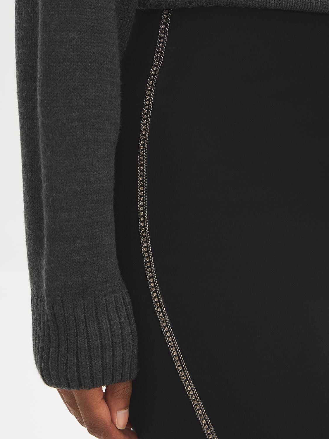 Black Skinny Pull-On Pant with Pewter Side Trim - Side Trim Detail - Suzy Shier