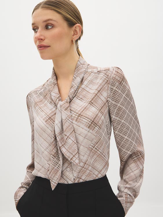 Ashes of Roses Printed Blouse with Neck Tie - Side Profile View - Suzy Shier