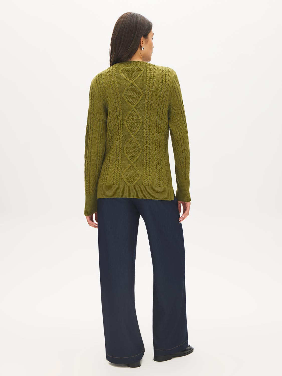 Pistachio Melange Cable Knit Crew Neck Sweater - Back View - Suzy Shier
