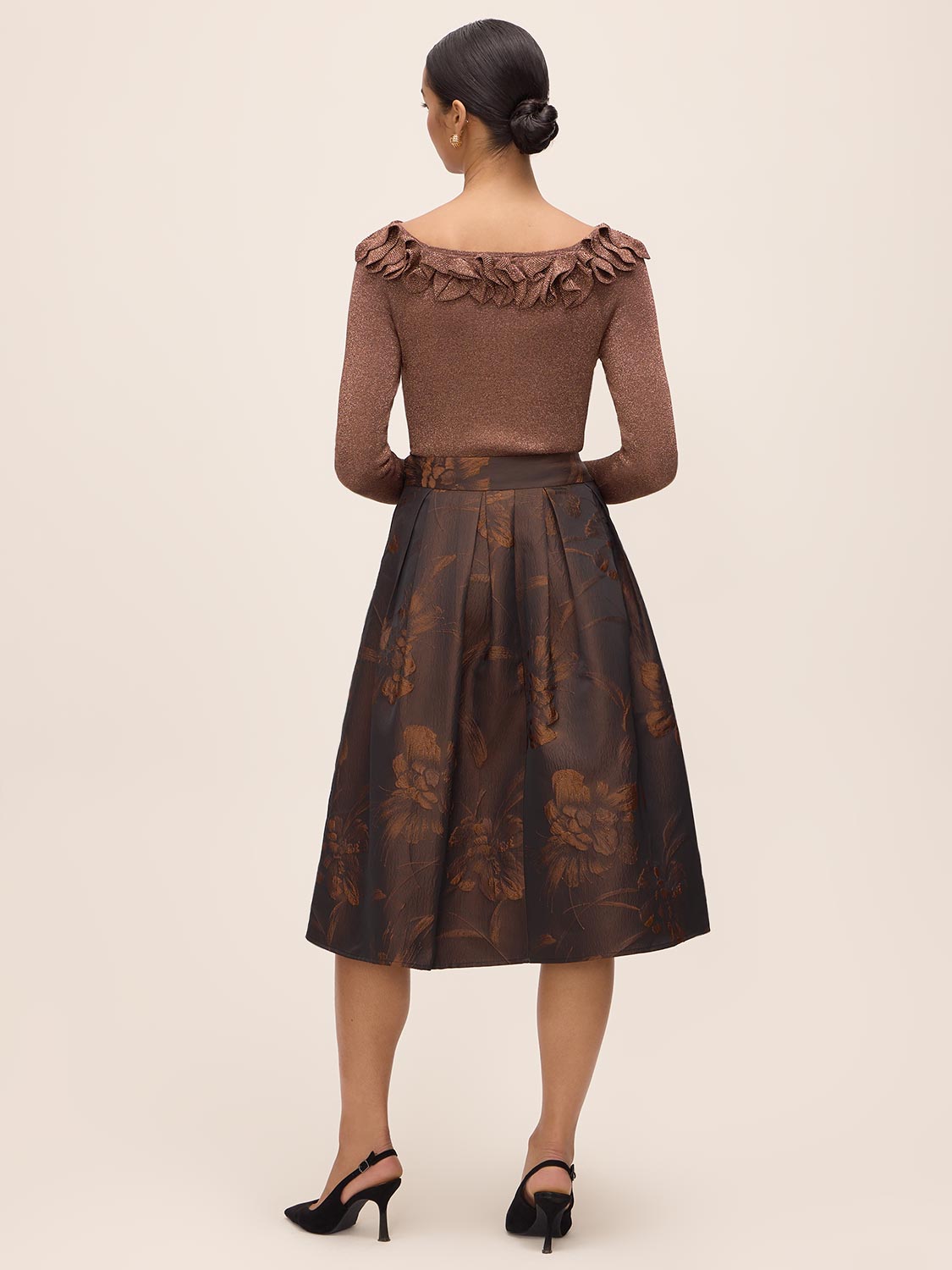 Copper Floral Jacquard Midi Skirt with Box Pleats - Back View - Le Chateau