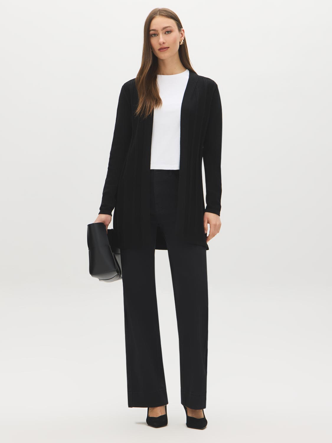 Black Ribbed Knit Duster Sweater - Front View - Suzy Shier