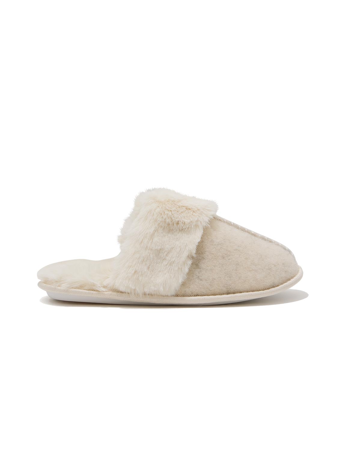 Natural Melange Faux Wool Slipper with Faux Fur Insole - Side Profile View - Suzy Shier