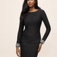 Black Textured Jacquard Boat Neck Sheath Dress - Front View - Le Chateau
