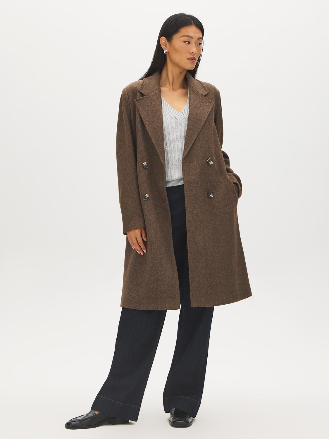 Latte Double-Breasted Faux Wool Coat - Side Profile View - Suzy Shier