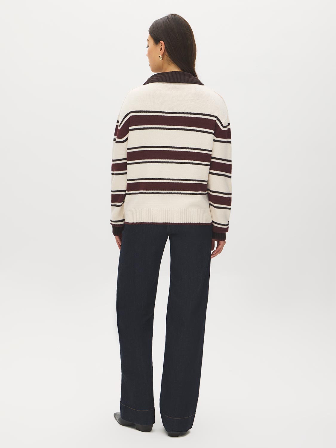 Brown/Burgundy/Dove Stripe Knit Polo Sweater - Back View - Suzy Shier