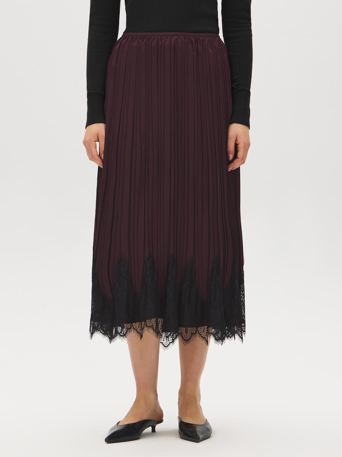 Winetasting Pleated Satin-Like Skirt with Lace Hem - Front View - Suzy Shier