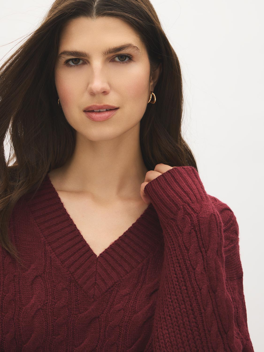 Zinfandel Cable Knit V-Neck Sweater - Close-up Fabric Detail - Suzy Shier