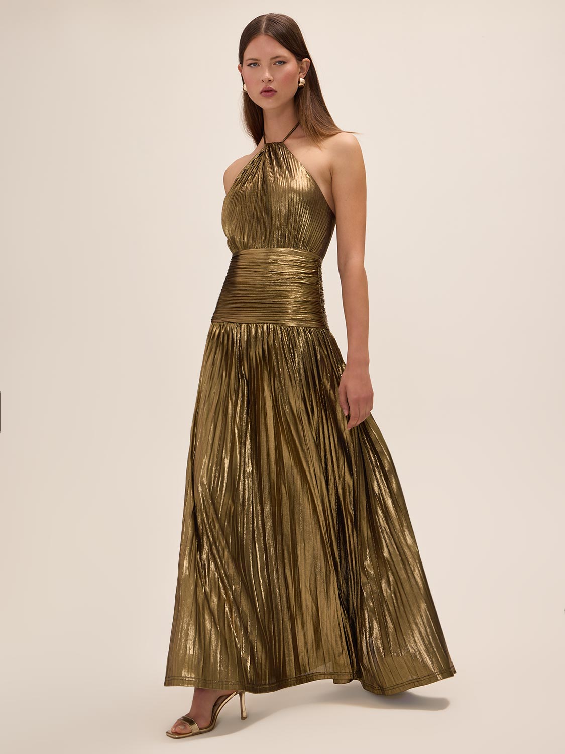 Bronze Liquid Stripe Foil Gown - Side Profile View - Le Chateau