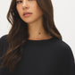 Black Crew Neck Hacci Top with Lace Trim - Close-up Fabric Detail - Suzy Shier