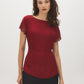 Midnight Plum Boat Neck Popover Top with Lace Trim - Woman Wearing Woven Top with Tie Back - Suzy Shier