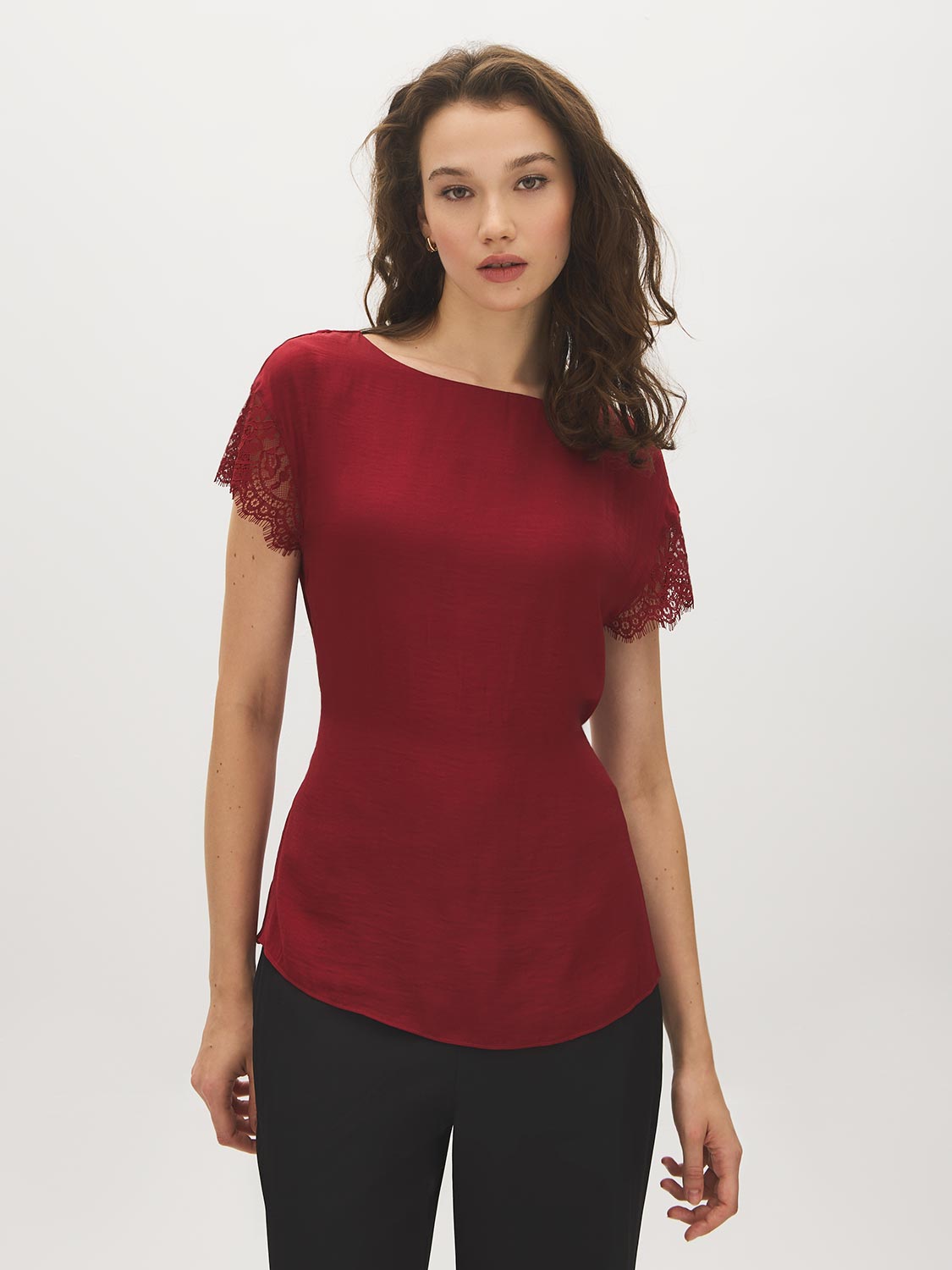 Midnight Plum Boat Neck Popover Top with Lace Trim - Woman Wearing Woven Top with Tie Back - Suzy Shier
