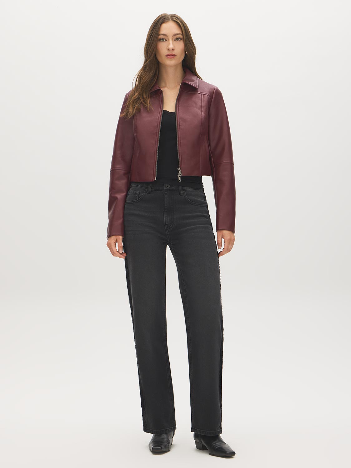 Merlot Vegan Leather Shorts with Front Zipper - Full Body View - Suzy Shier