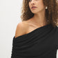 Jet Black Mesh Asymmetrical Cape Top - Close-up Shoulder Detail - Suzy Shier