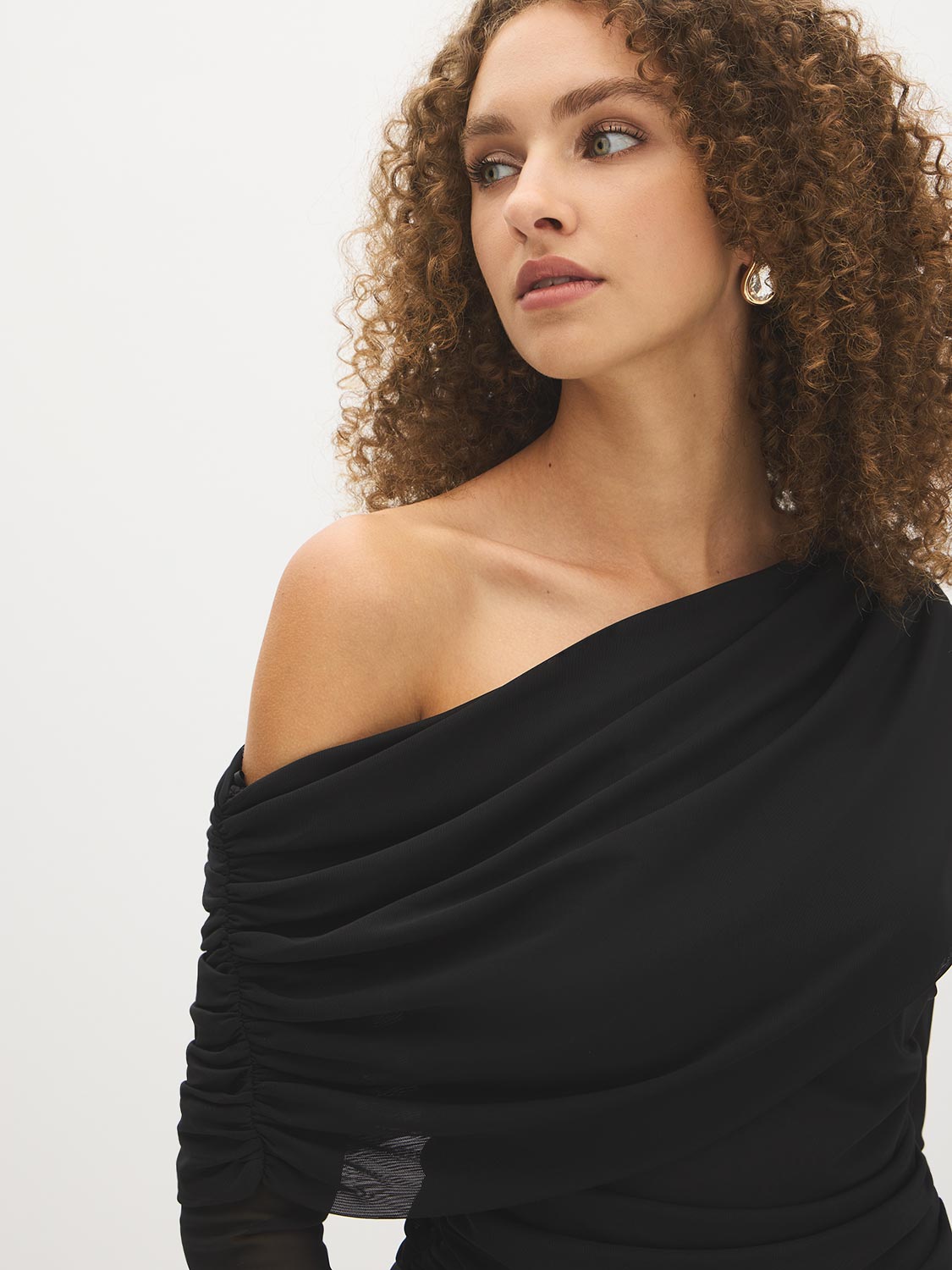 Jet Black Mesh Asymmetrical Cape Top - Close-up Shoulder Detail - Suzy Shier