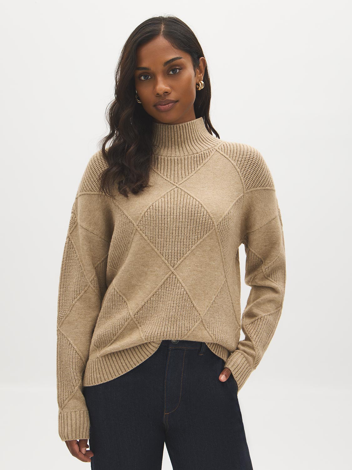 Tan Melange Mock Neck Sweater with Diamond Pattern - Woman Wearing Knit Sweater - Suzy Shier