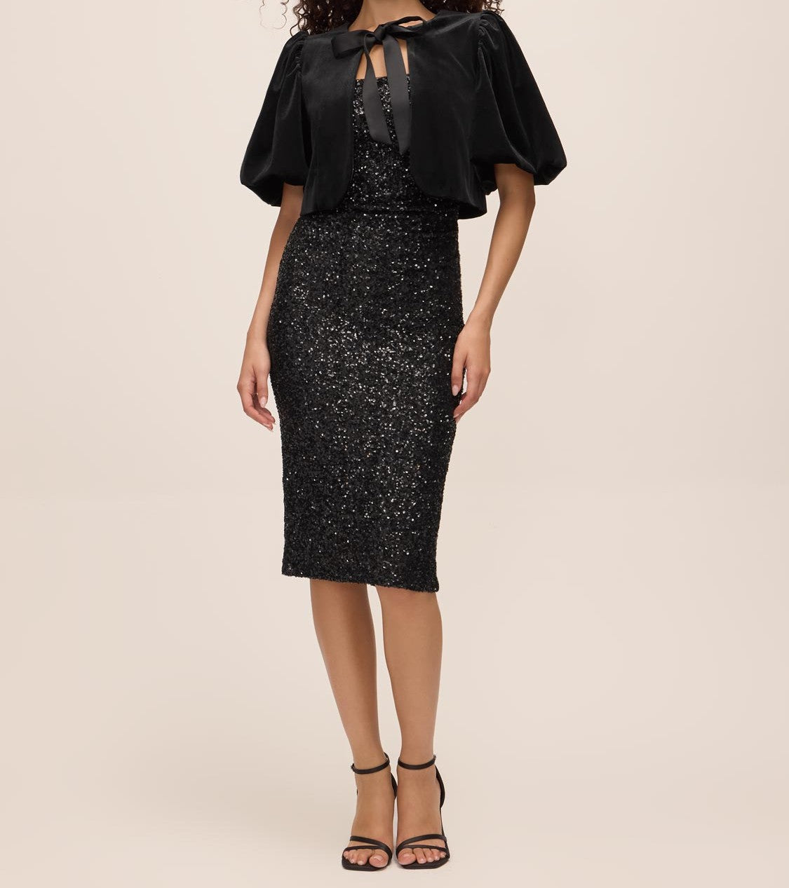 Black Velour Bolero with Satin Bow Ties - Front View - Le Chateau