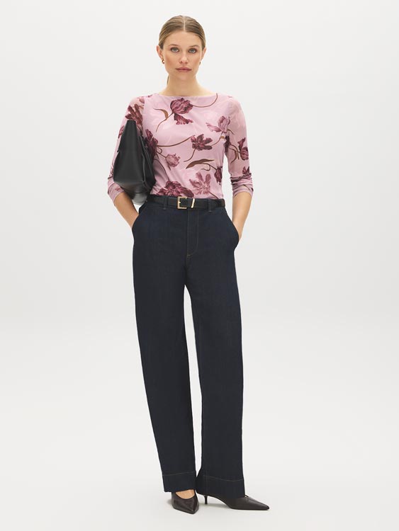 Dusty Pink Floral Mesh Boat Neck Top - Front View - Suzy Shier