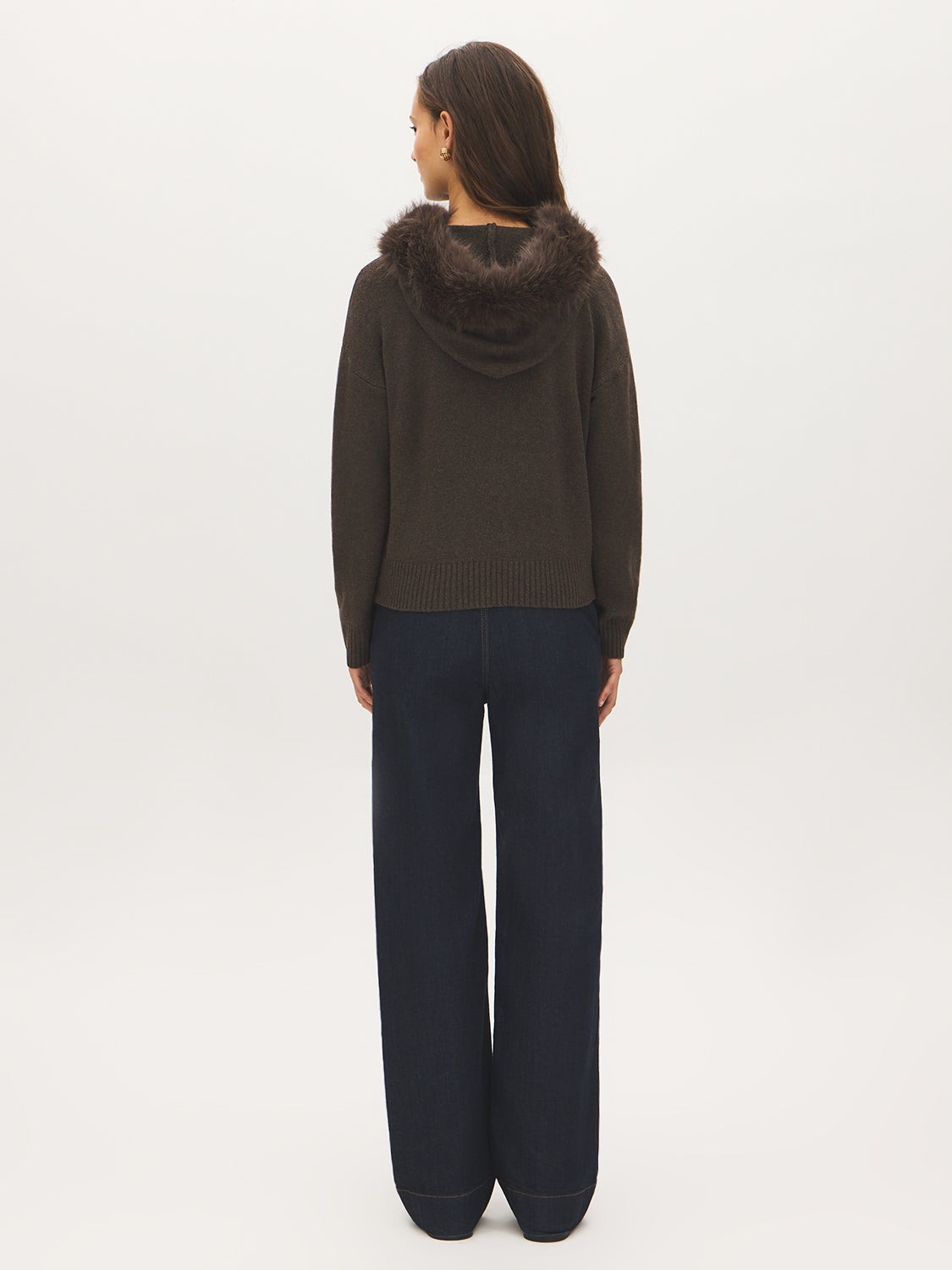 Chocolate Brown Hooded Sweater with Detachable Faux Fur Trim - Back View - Suzy Shier