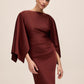 Brick Satin Boat Neck Sheath Dress - Angled Front View - Le Chateau