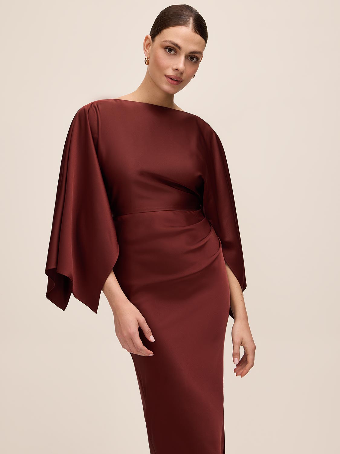 Brick Satin Boat Neck Sheath Dress - Angled Front View - Le Chateau