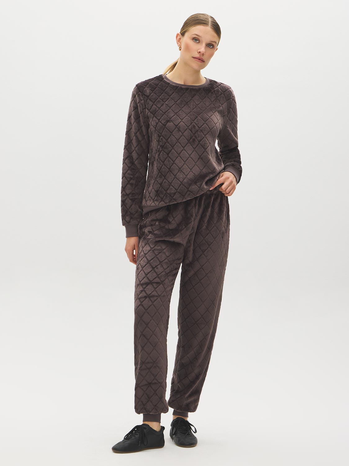 Coffee Diamond Pattern Plush PJ Set - Full Front View - Suzy Shier