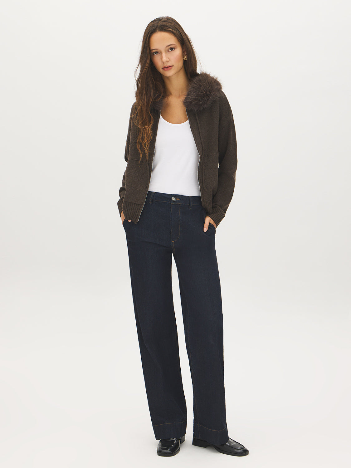 Chocolate Brown Hooded Sweater with Detachable Faux Fur Trim - Front View - Suzy Shier