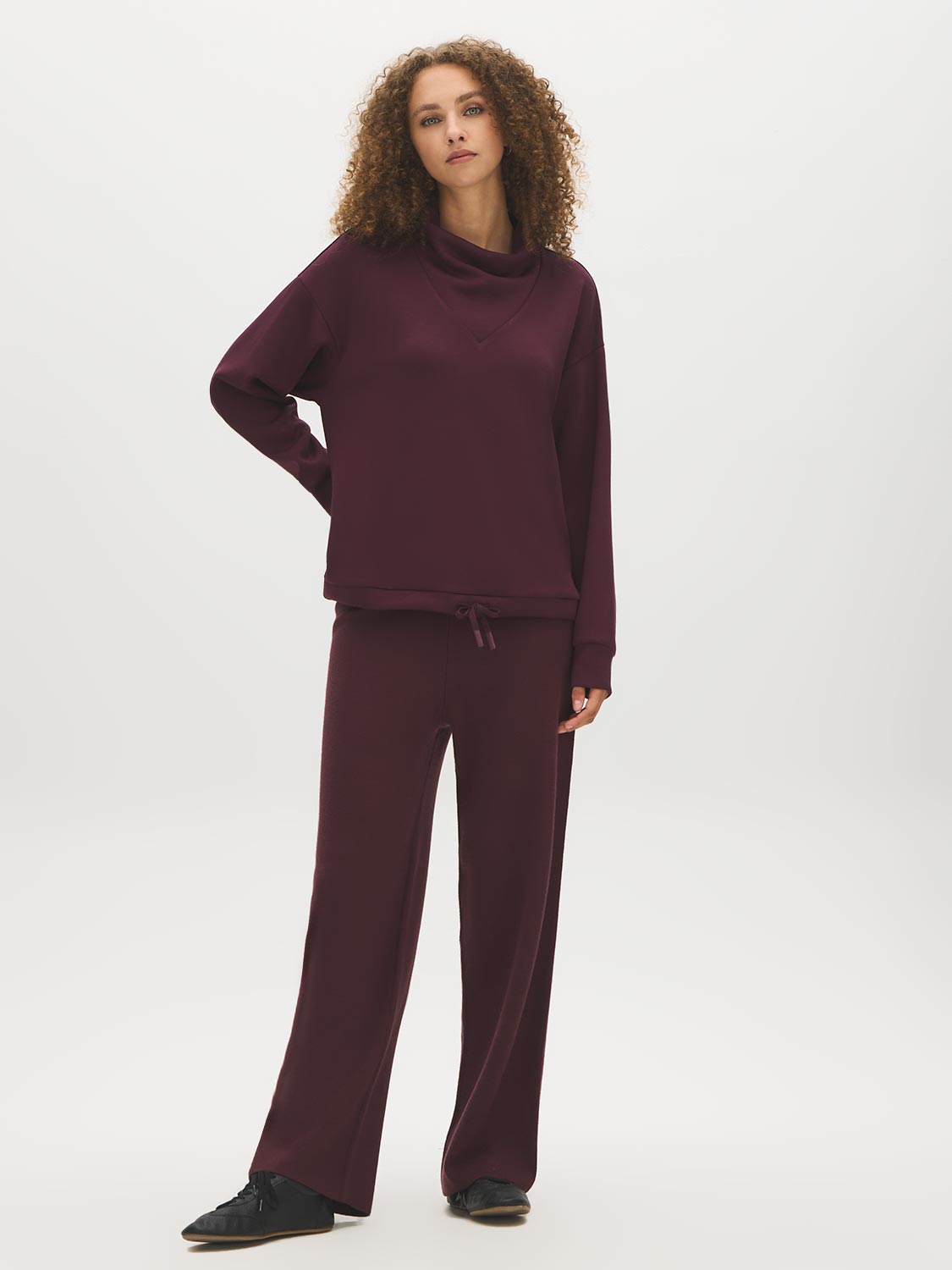 Winetasting Boxy Cowl Neck Fleece Top - Front View - Suzy Shier