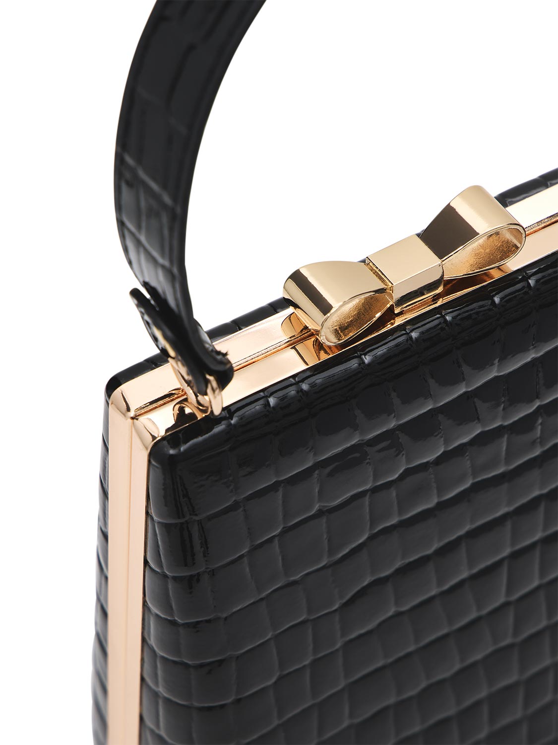 Black/Gold Faux Leather Croc Minaudire with Jewel Bow - Close-up Clasp Detail - Le Chateau