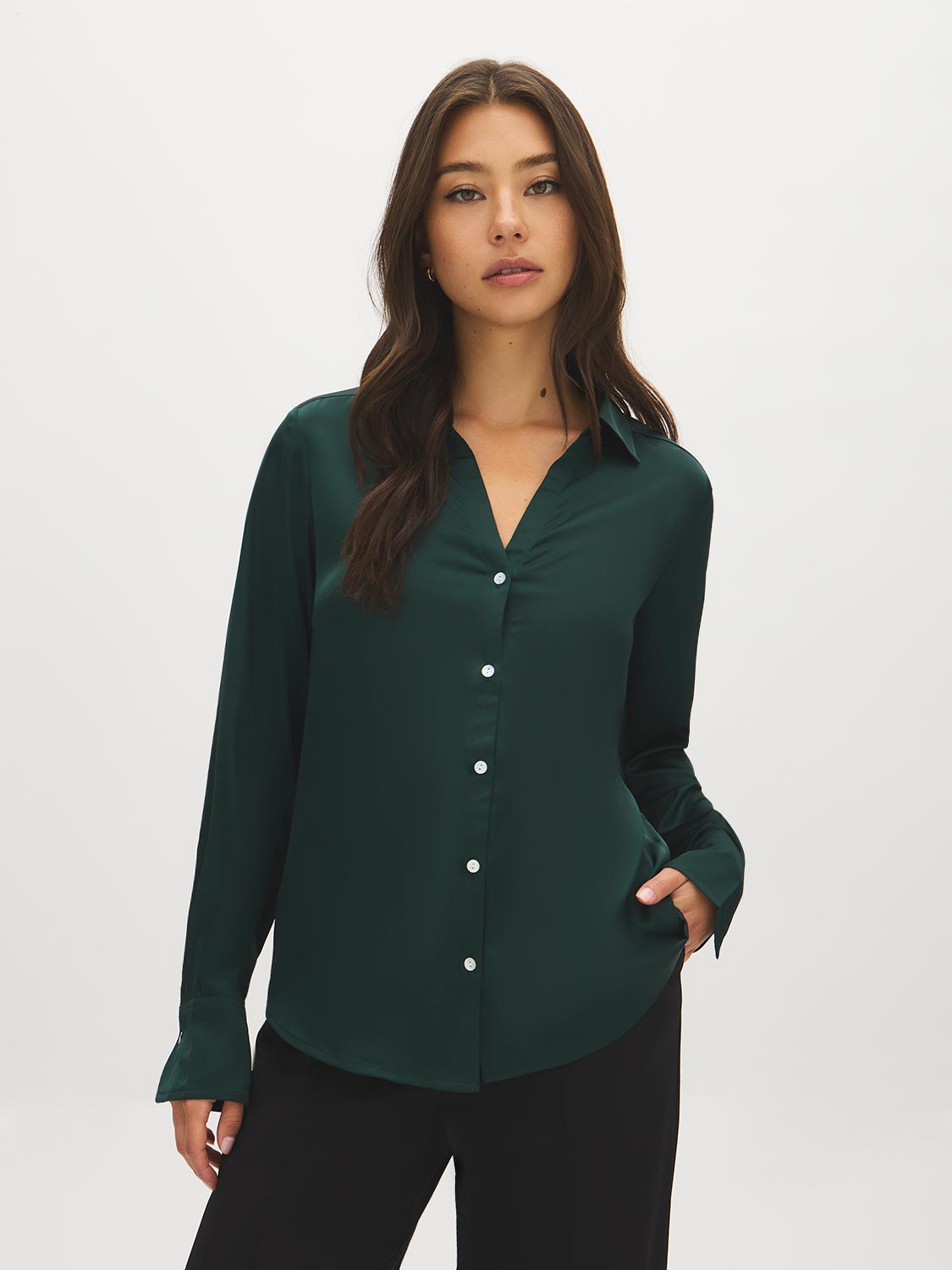 Scarab Satin-Like V-Neck Blouse - Woman Wearing Button-Up Blouse with Long Sleeves - Suzy Shier