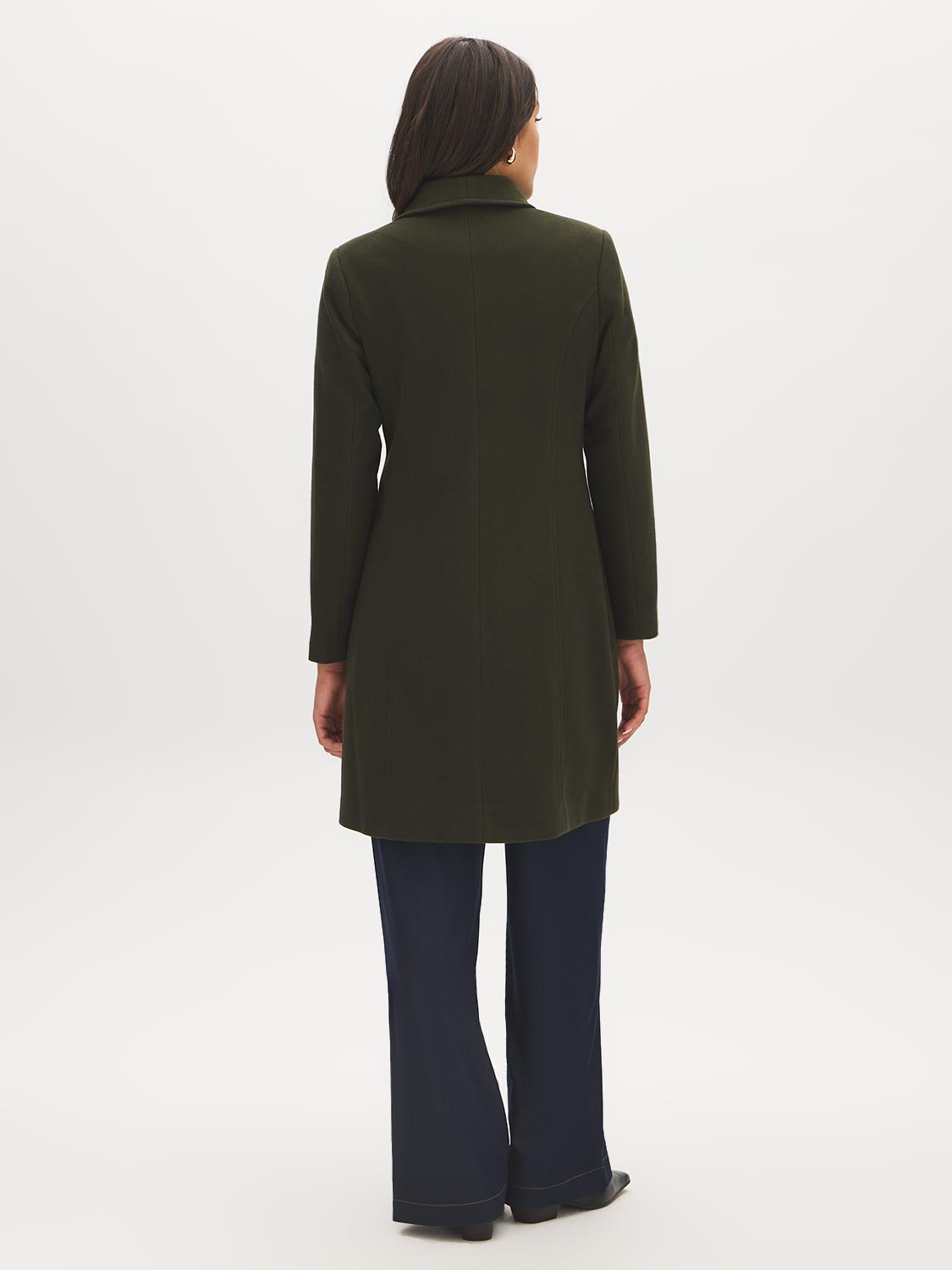 Olive Asymmetrical Zip Front Faux Wool Coat - Back View - Suzy Shier