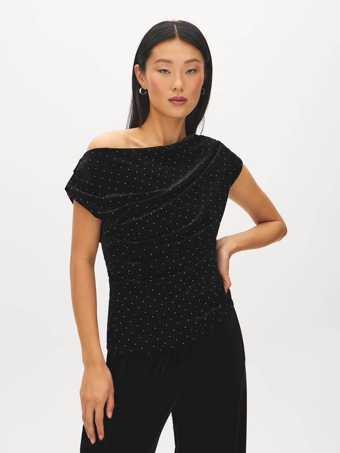 Jet Black Asymmetrical Velvet Top with Rhinestones - Woman Wearing Elegant Evening Wear - Suzy Shier