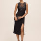 Black Illusion Upper Sequin Sheath Dress - Front View - Le Chateau