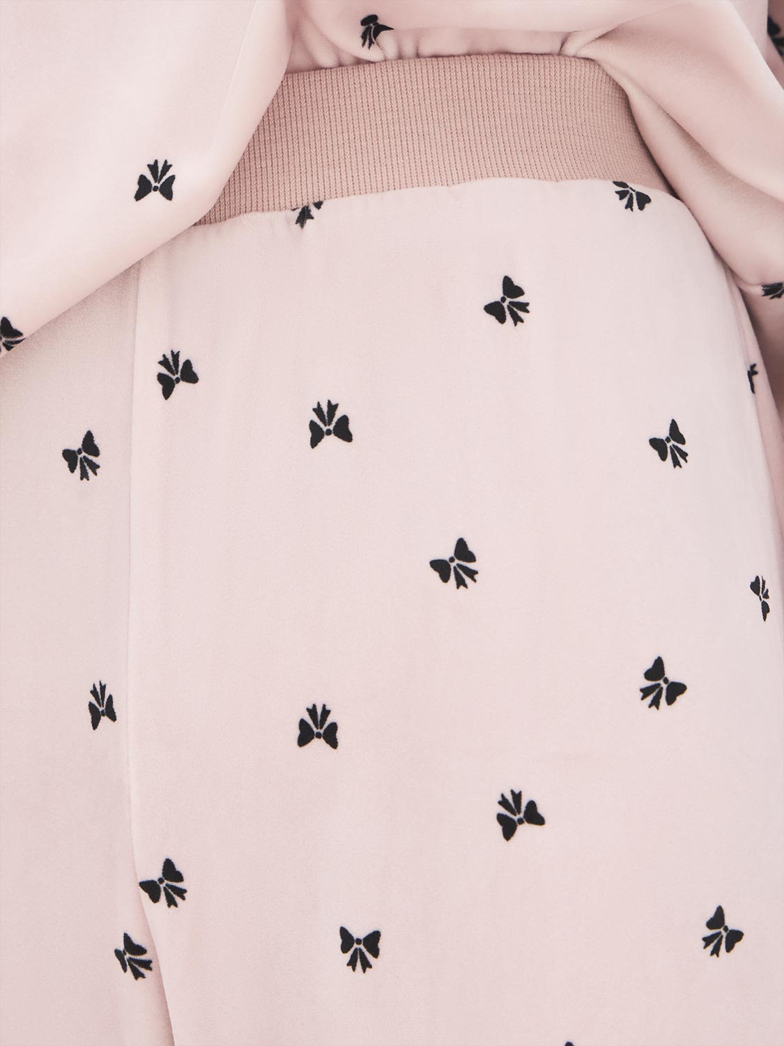 Cloud Gray Velour Bows Print PJ Set - Close-up Waistband Detail - Suzy Shier