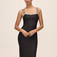 Black Square Neck Bandage Sheath Dress with Jewel Trim - Front View - Le Chateau