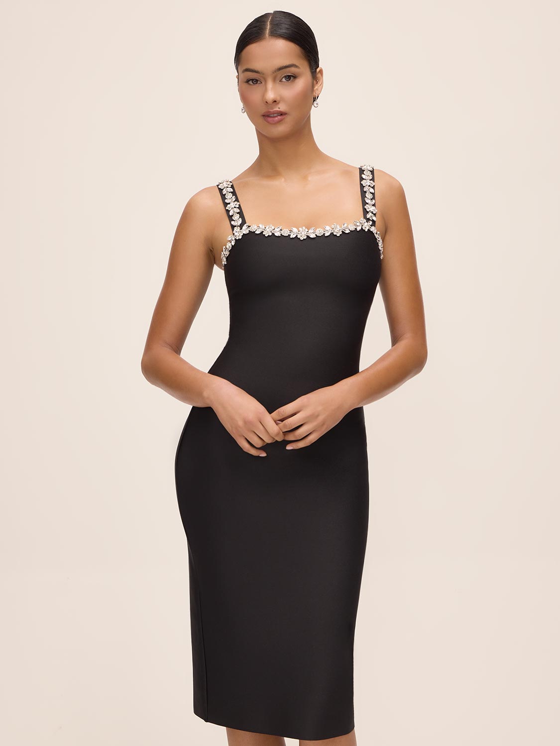 Black Square Neck Bandage Sheath Dress with Jewel Trim - Front View - Le Chateau