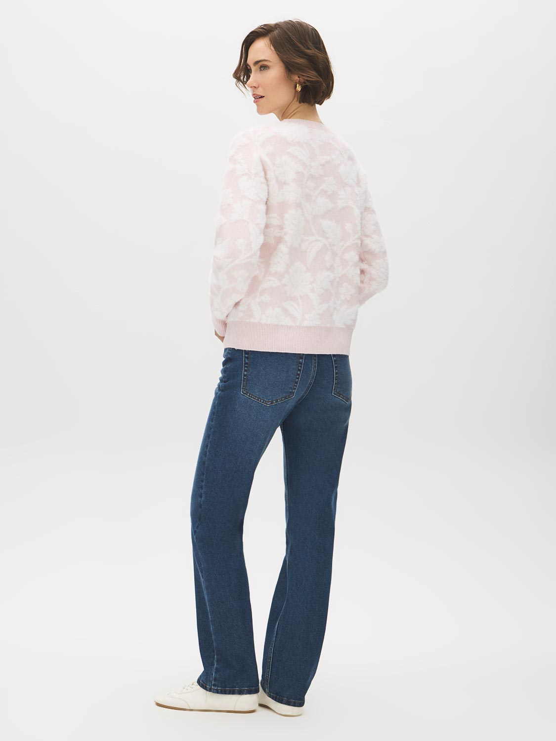 Blush Combo Two-Tone Jacquard Fuzzy Sweater - Back View - Suzy Shier