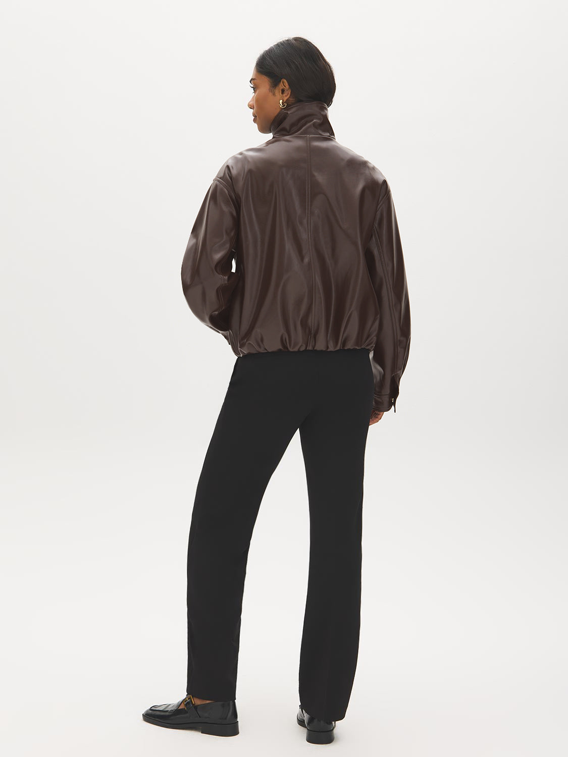 Brown Vegan Leather Bomber Jacket with Funnel Neck - Back View - Suzy Shier
