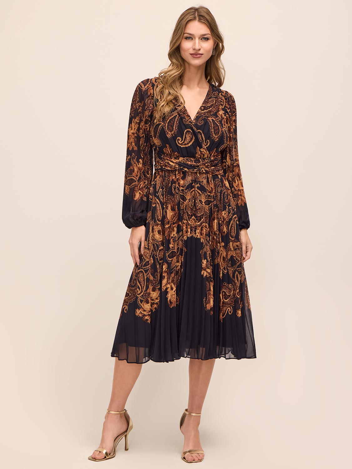 Dijon/Black Paisley Crossover Midi Dress - Woman Wearing Pleated Dress with Twist Front - Le Chateau