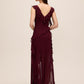 Bordeaux V-Neck Chiffon Gown with Tiered Ruffles - Back View - Le Chateau
