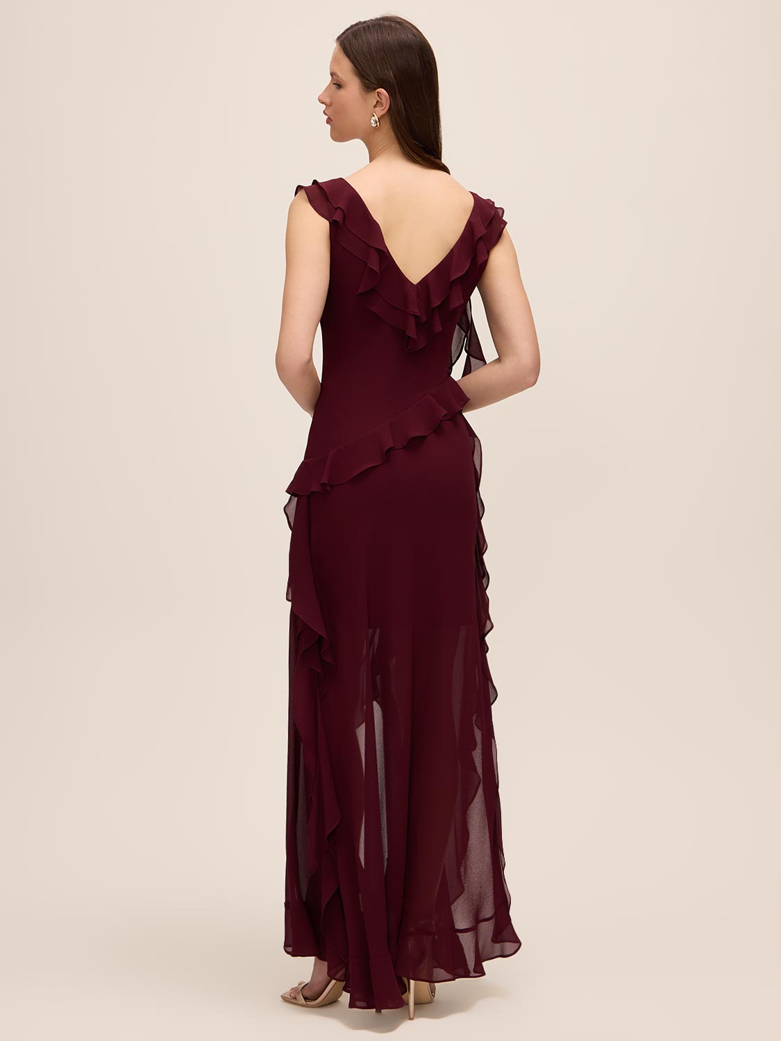 Bordeaux V-Neck Chiffon Gown with Tiered Ruffles - Back View - Le Chateau